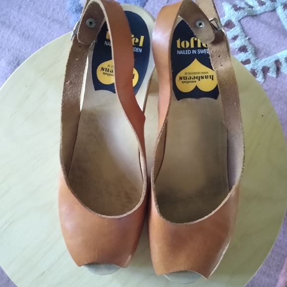 Swedish Hasbeens Shoes - Swedish Hasbeens peep toe slingback wood clog heels Euro size 39